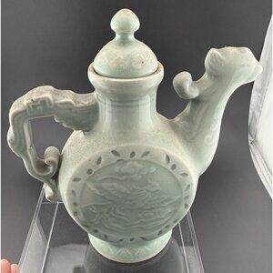 Vintage Asian Celadon Glaze Teapot Relief Bird Motif Lid READ (2)